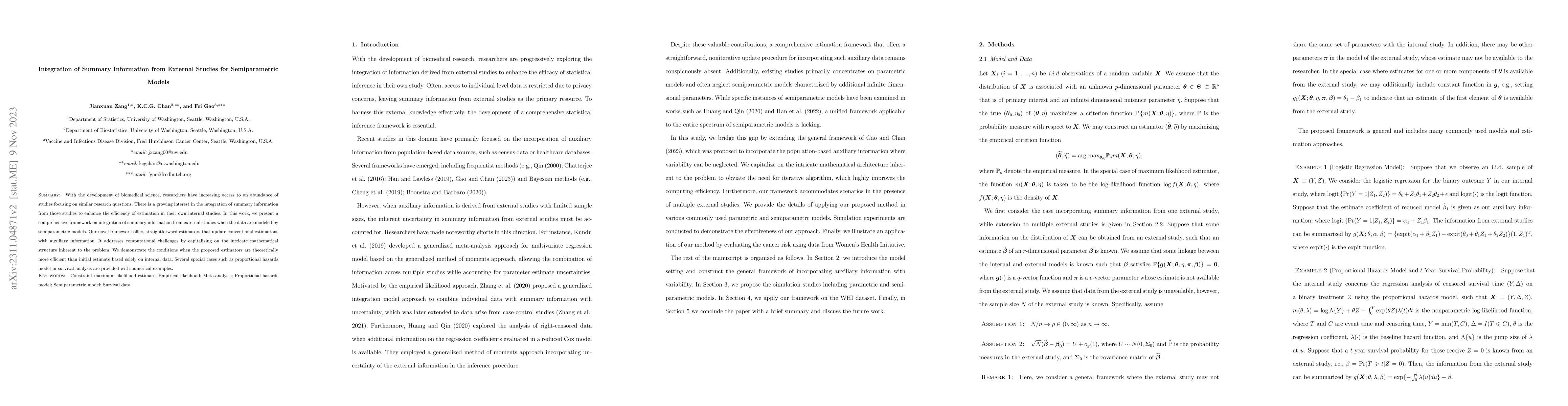 Thumbnail for Integration of Summary Information from External Studies for
  Semiparametric Models