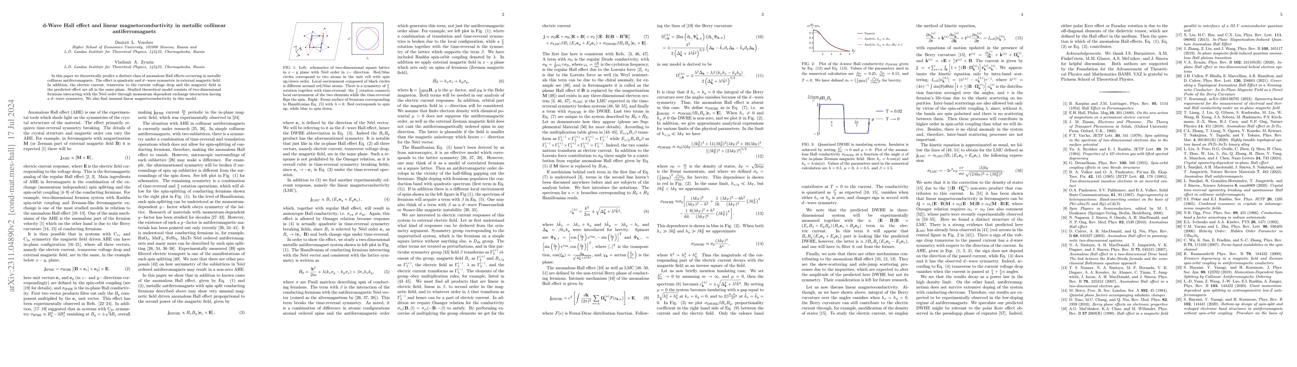Thumbnail for d-Wave Hall effect and linear magnetoconductivity in metallic collinear
  antiferromagnets