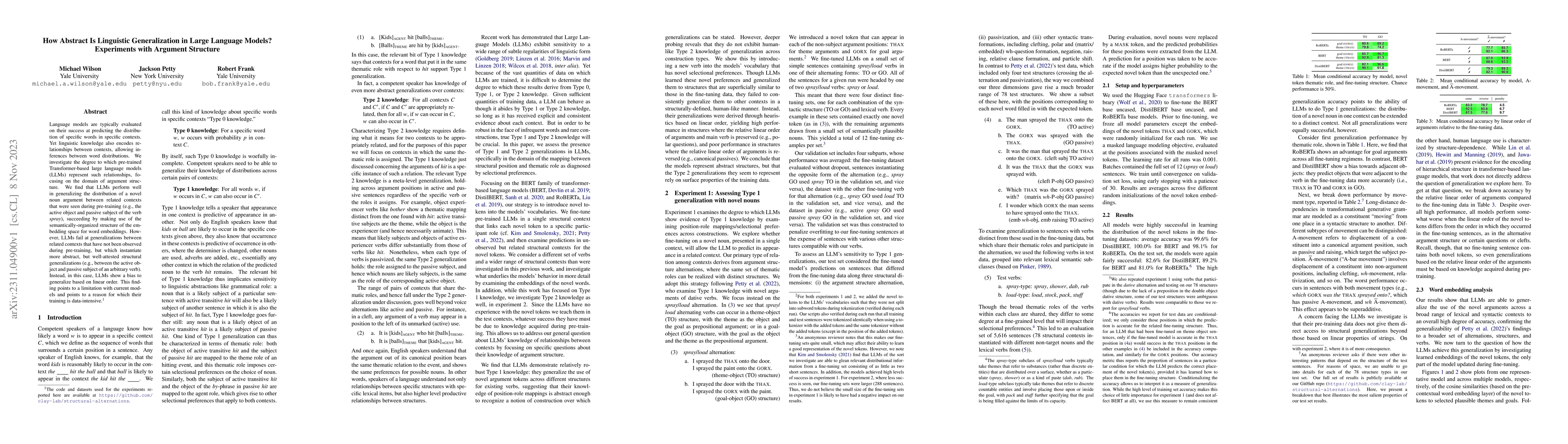 Thumbnail for How Abstract Is Linguistic Generalization in Large Language Models?
  Experiments with Argument Structure