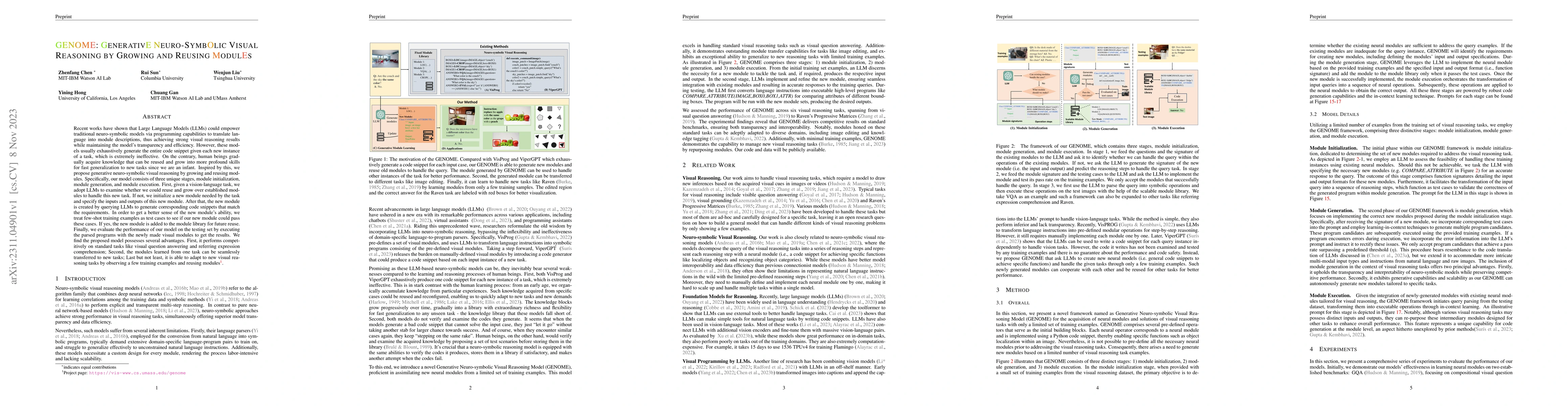 Thumbnail for GENOME: GenerativE Neuro-symbOlic visual reasoning by growing and
  reusing ModulEs