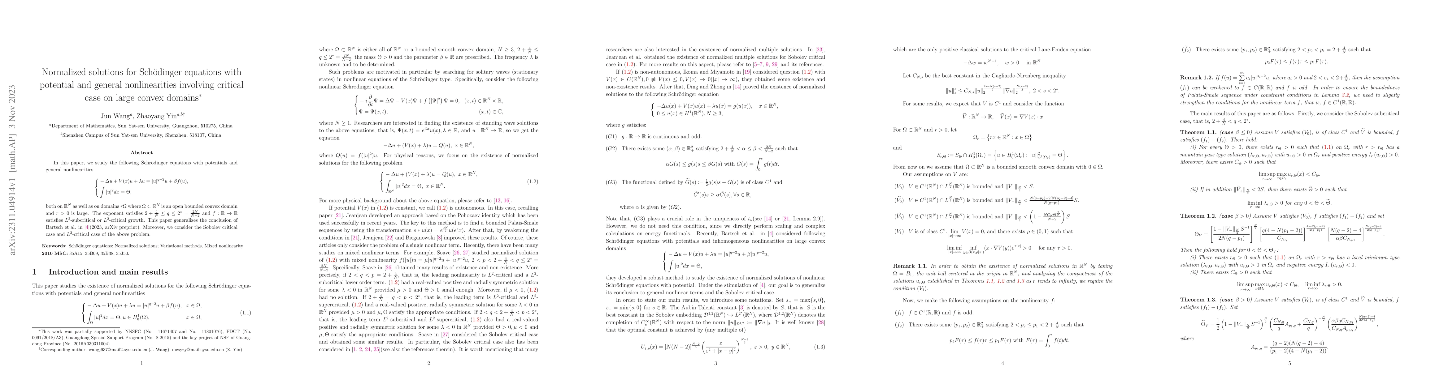 Thumbnail for Normalized solutions for Sch\"odinger equations with potential and
  general nonlinearities involving critical case on large convex domains