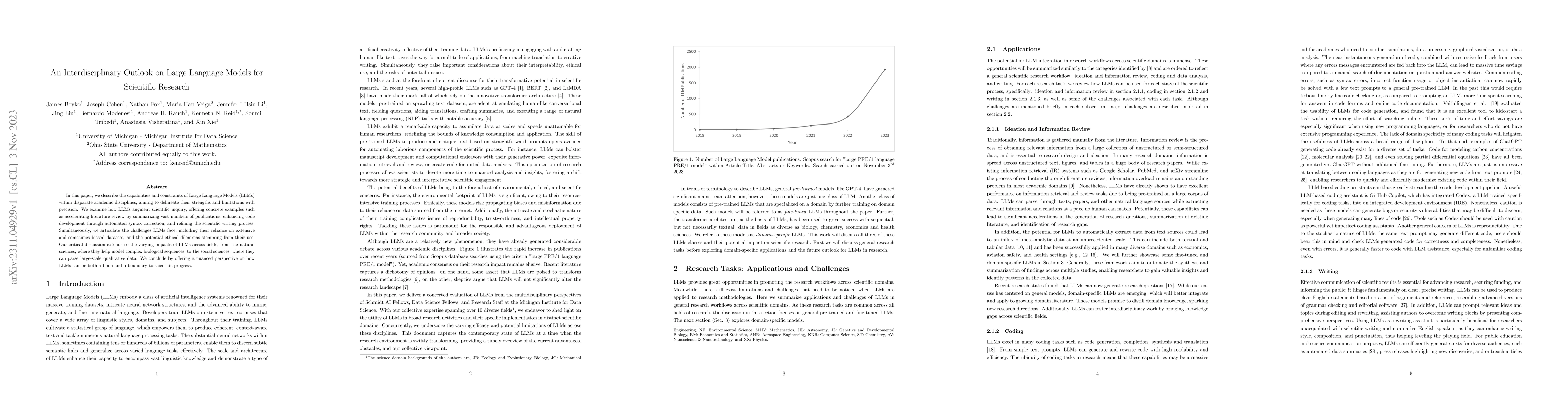Thumbnail for An Interdisciplinary Outlook on Large Language Models for Scientific
  Research