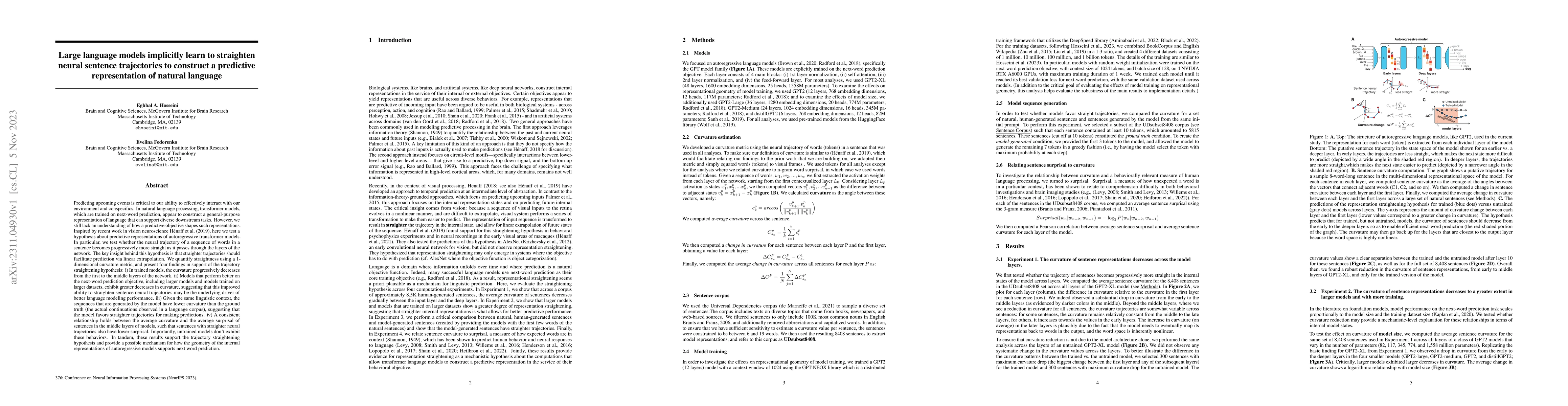 Thumbnail for Large language models implicitly learn to straighten neural sentence
  trajectories to construct a predictive representation of natural language