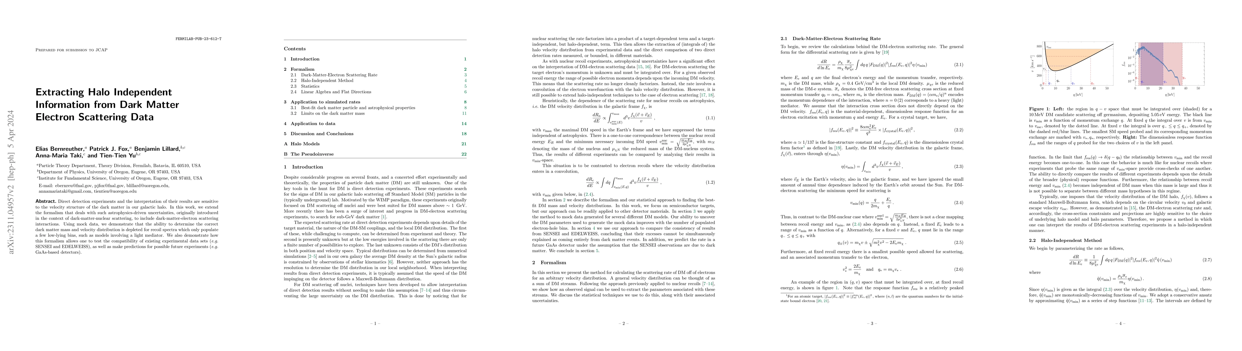 Thumbnail for Extracting Halo Independent Information from Dark Matter Electron
  Scattering Data