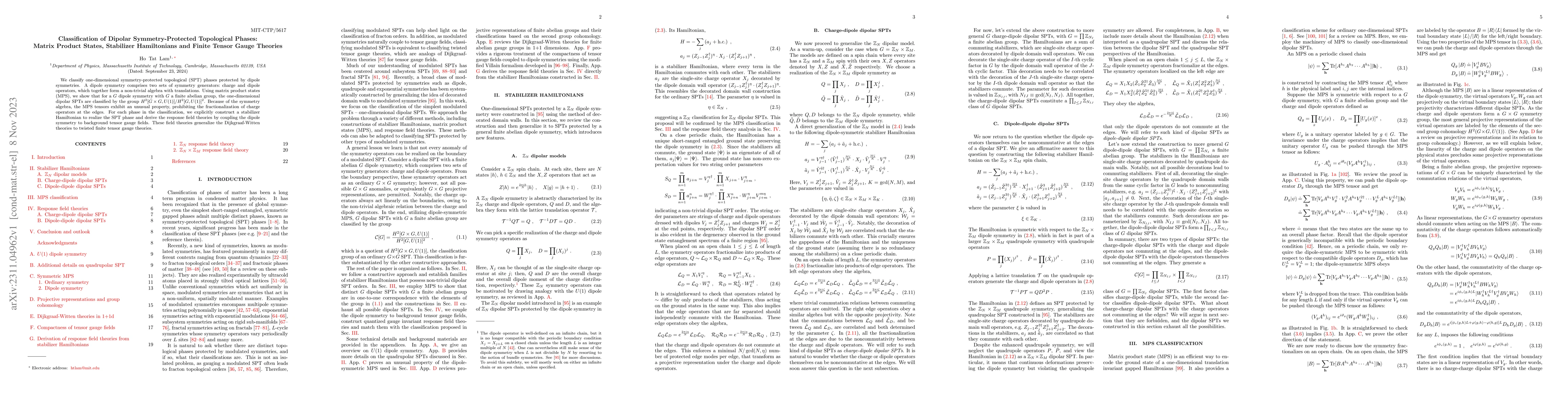 Thumbnail for Classification of Dipolar Symmetry-Protected Topological Phases: Matrix
  Product States, Stabilizer Hamiltonians and Finite Tensor Gauge Theories