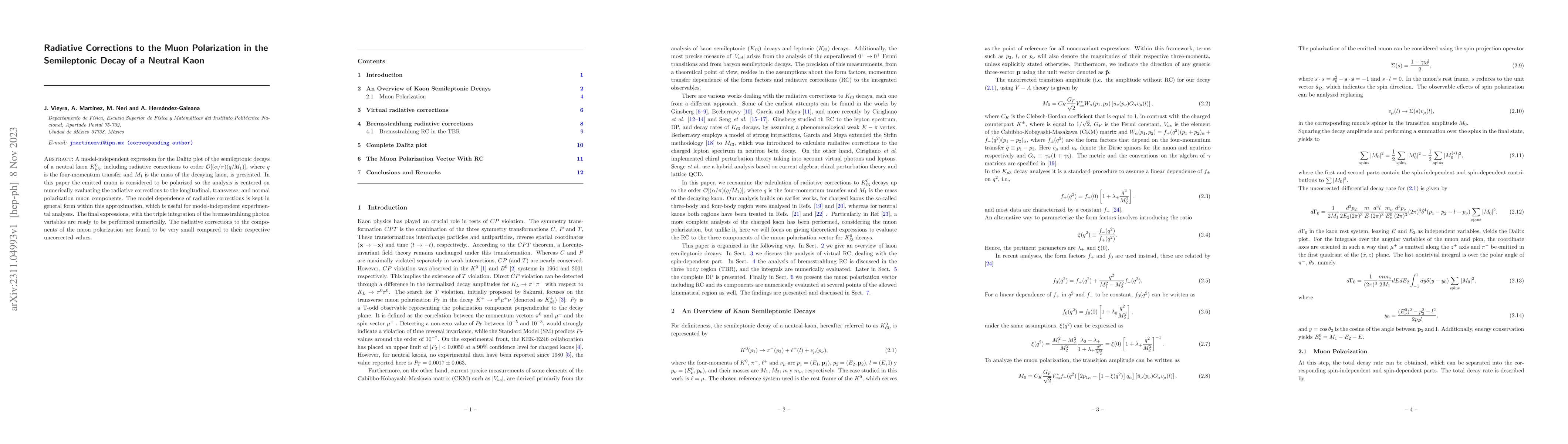 Thumbnail for Radiative Corrections to the Muon Polarization in the Semileptonic Decay
  of a Neutral Kaon