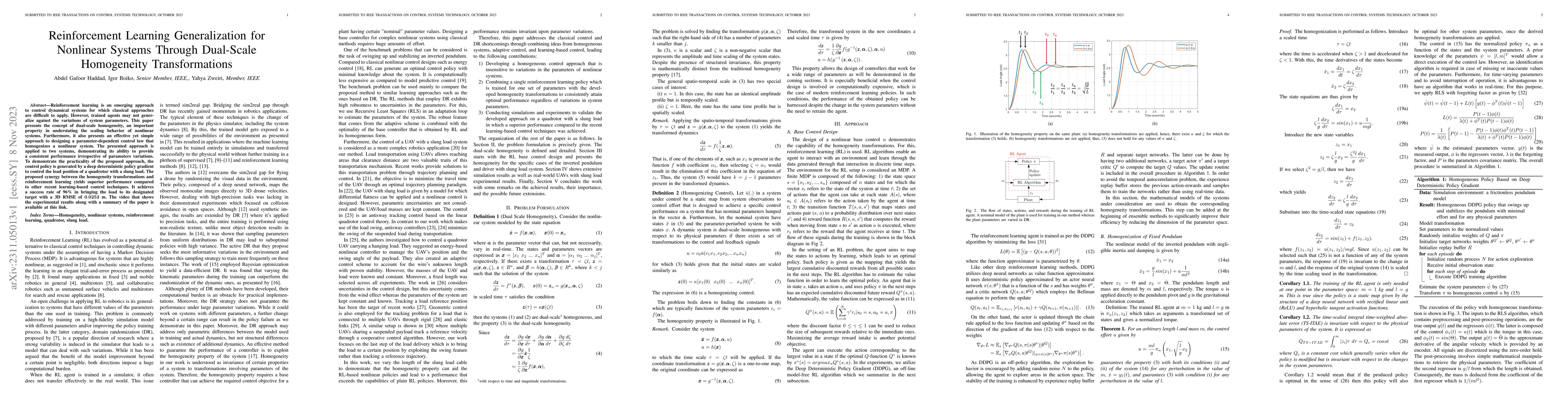 Thumbnail for Reinforcement Learning Generalization for Nonlinear Systems Through
  Dual-Scale Homogeneity Transformations