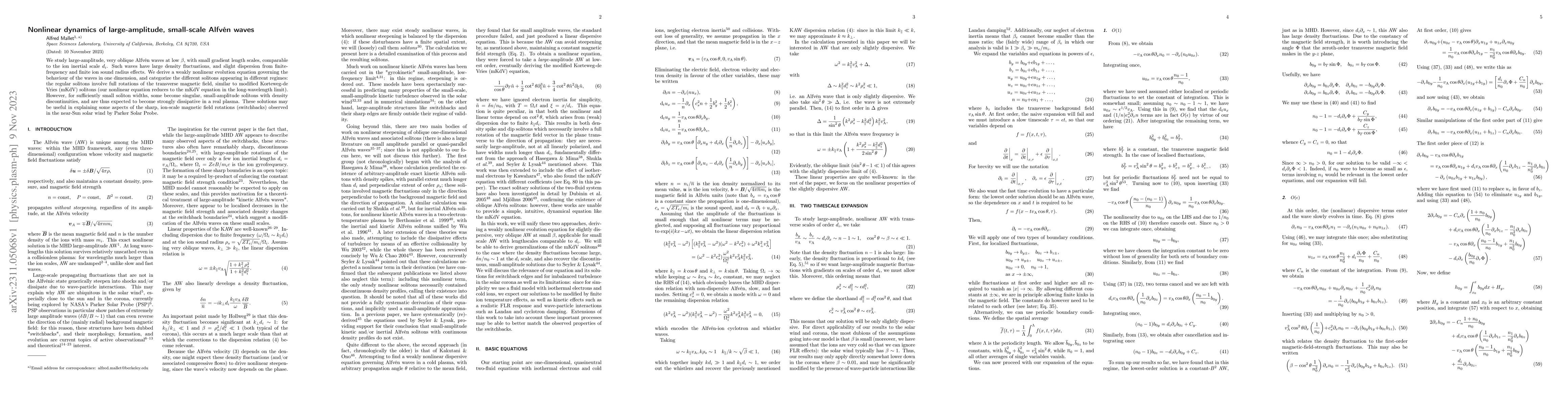 Thumbnail for Nonlinear dynamics of large-amplitude, small-scale Alfv\'en waves