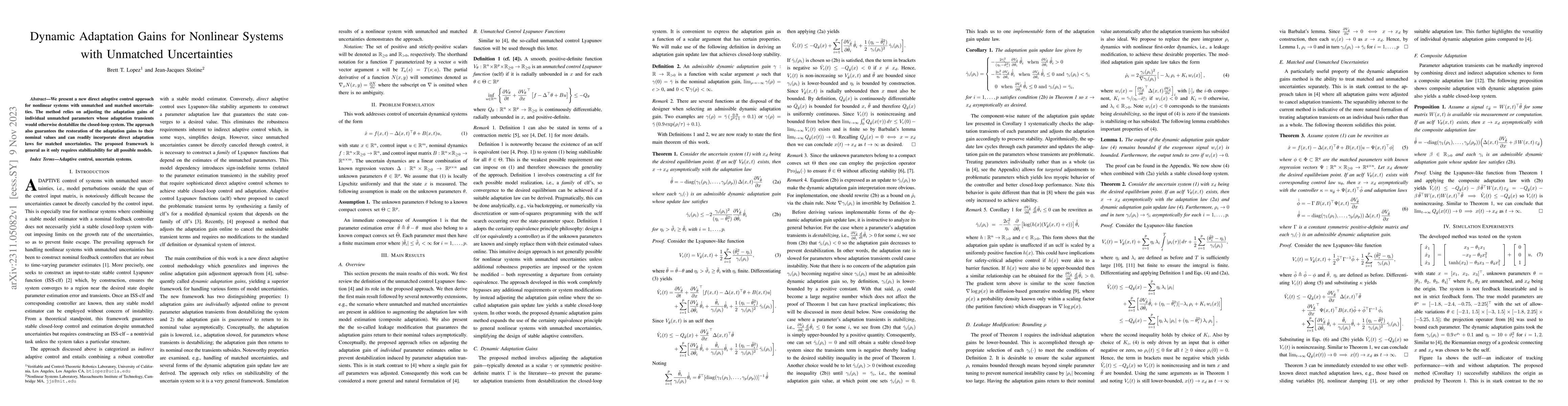 Thumbnail for Dynamic Adaptation Gains for Nonlinear Systems with Unmatched
  Uncertainties