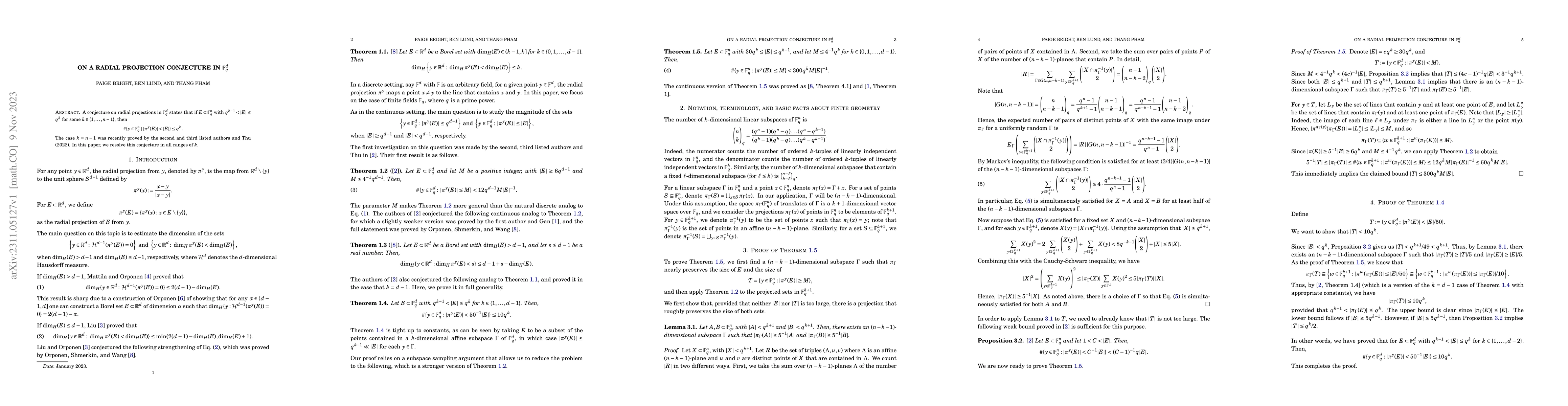 Thumbnail for On a radial projection conjecture in $\mathbb{F}_q^d$