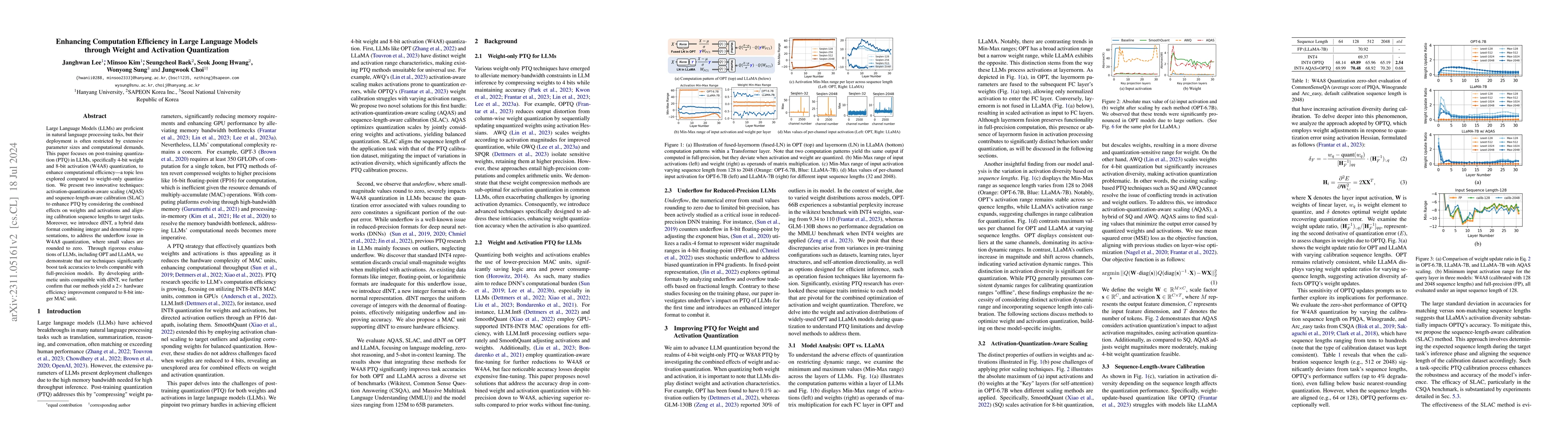 Thumbnail for Enhancing Computation Efficiency in Large Language Models through Weight
  and Activation Quantization