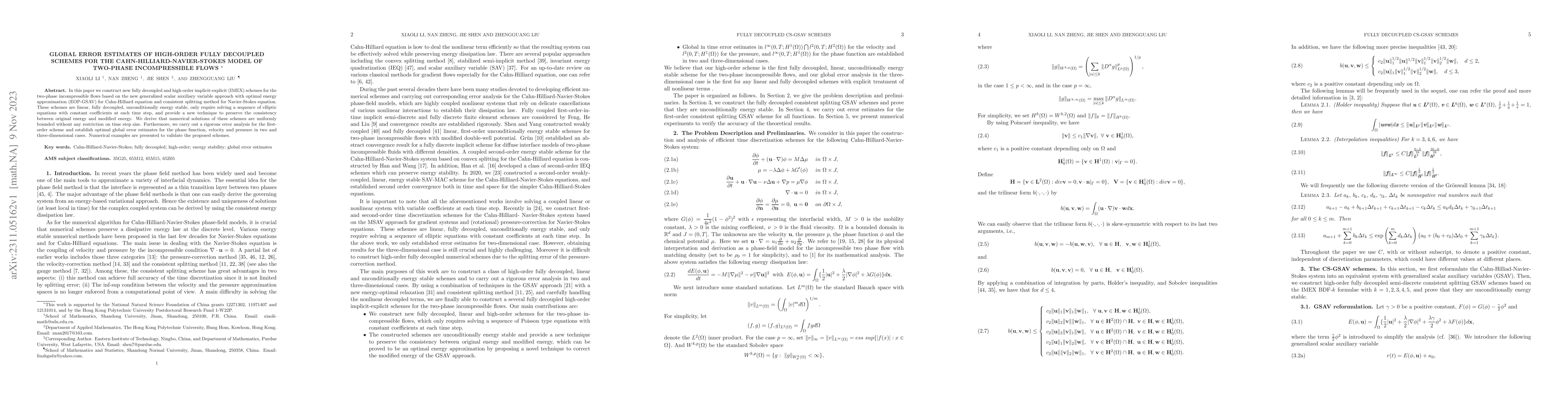 Thumbnail for Global error estimates of high-order fully decoupled schemes for the
  Cahn-Hilliard-Navier-Stokes model of Two-Phase Incompressible Flows