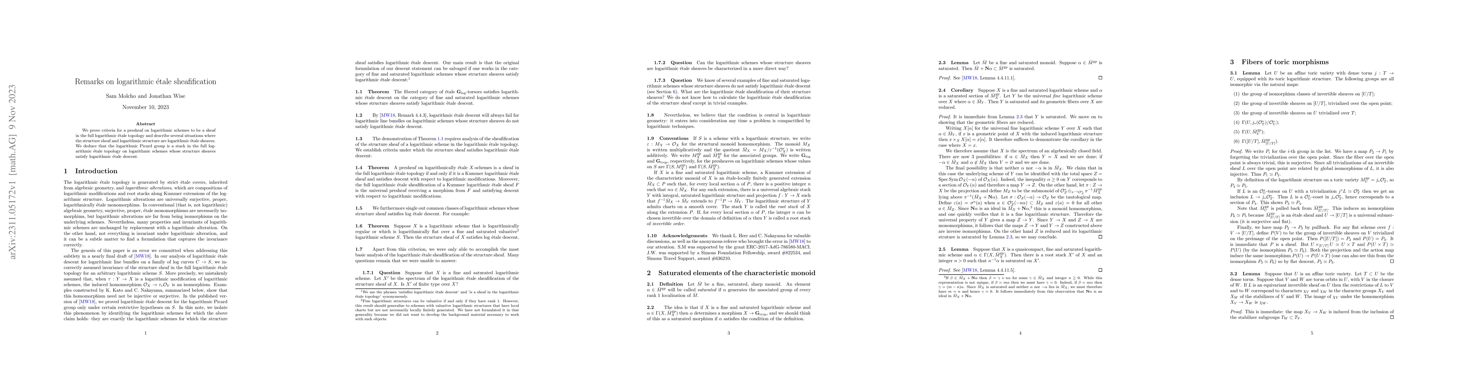 Thumbnail for Remarks on logarithmic \'etale sheafification