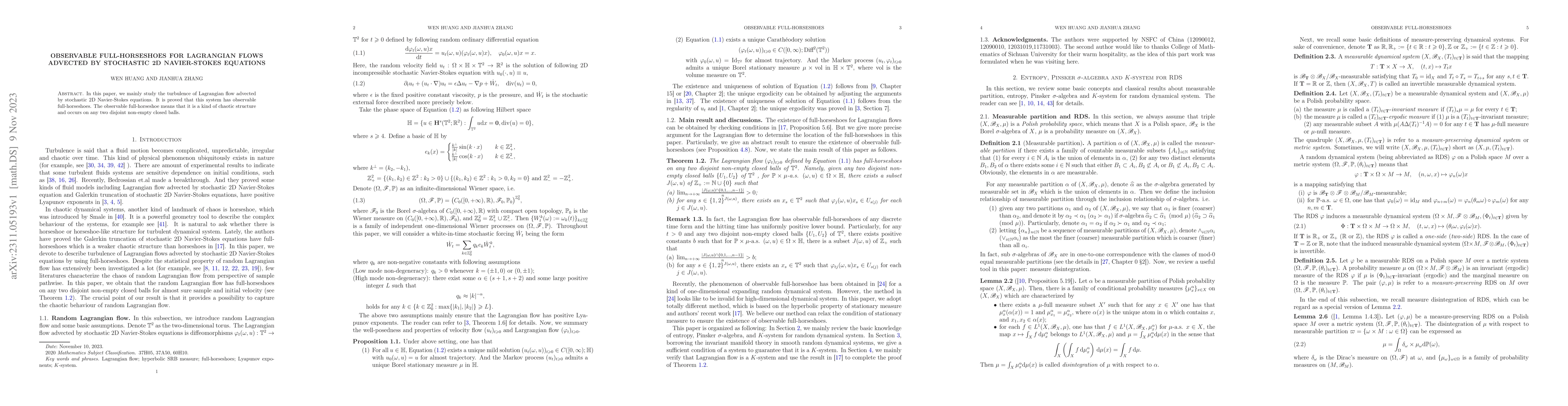 Thumbnail for Observable full-horseshoes for Lagrangian flows advected by stochastic
  2D Navier-Stokes equations