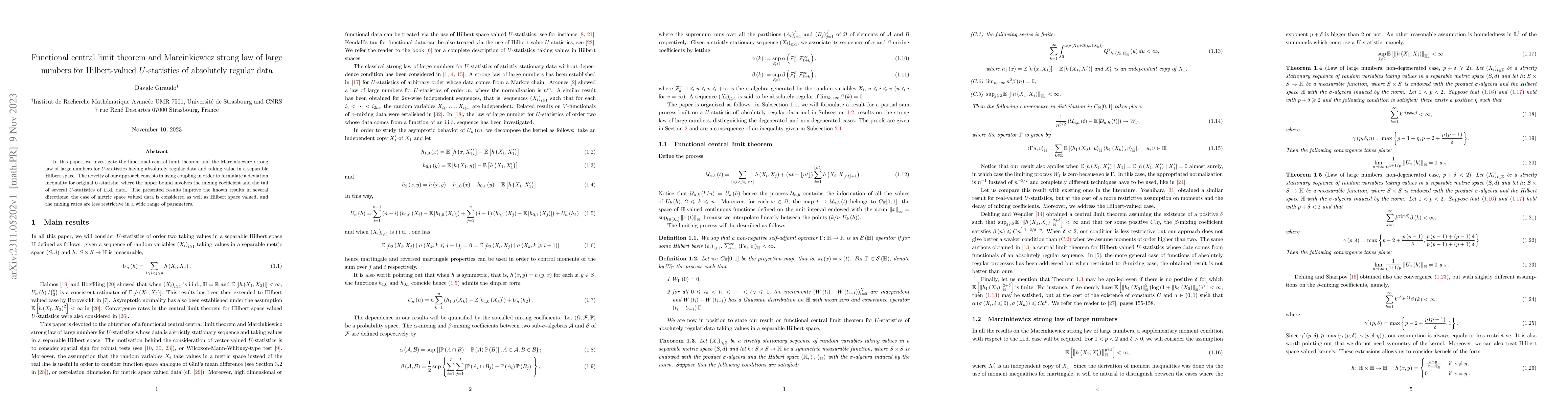 Thumbnail for Functional central limit theorem and Marcinkiewicz strong law of large
  numbers for Hilbert-valued U-statistics of absolutely regular data