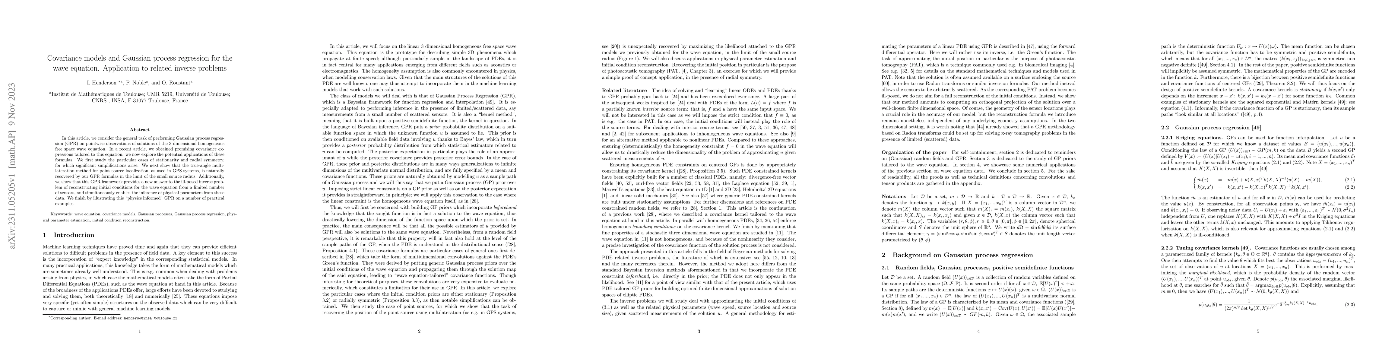 Thumbnail for Covariance models and Gaussian process regression for the wave equation.
  Application to related inverse problems