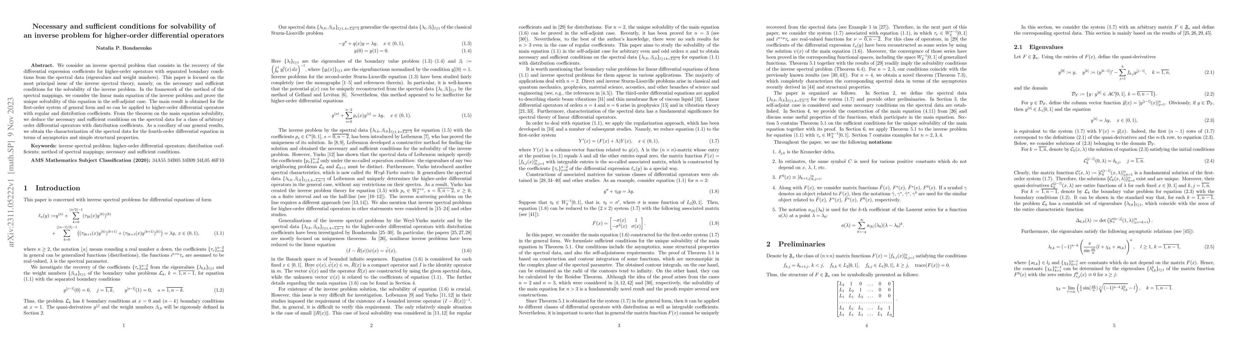 Thumbnail for Necessary and sufficient conditions for solvability of an inverse
  problem for higher-order differential operators