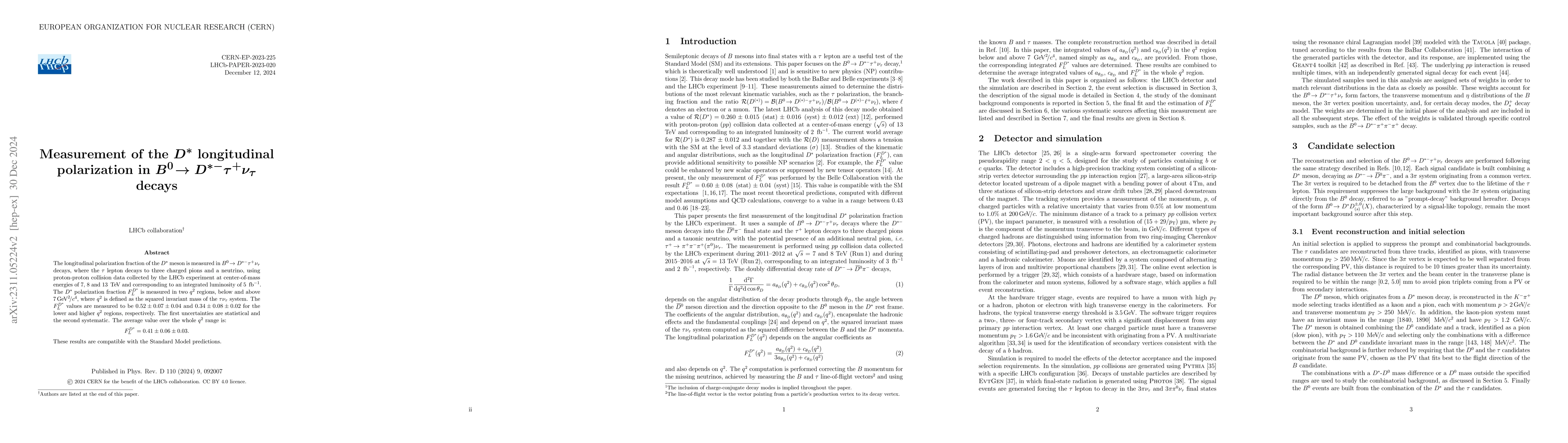 Thumbnail for Measurement of the $D^{*}$ longitudinal polarization in $B^0\to
  D^{*-}\tau^{+}\nu_{\tau}$ decays