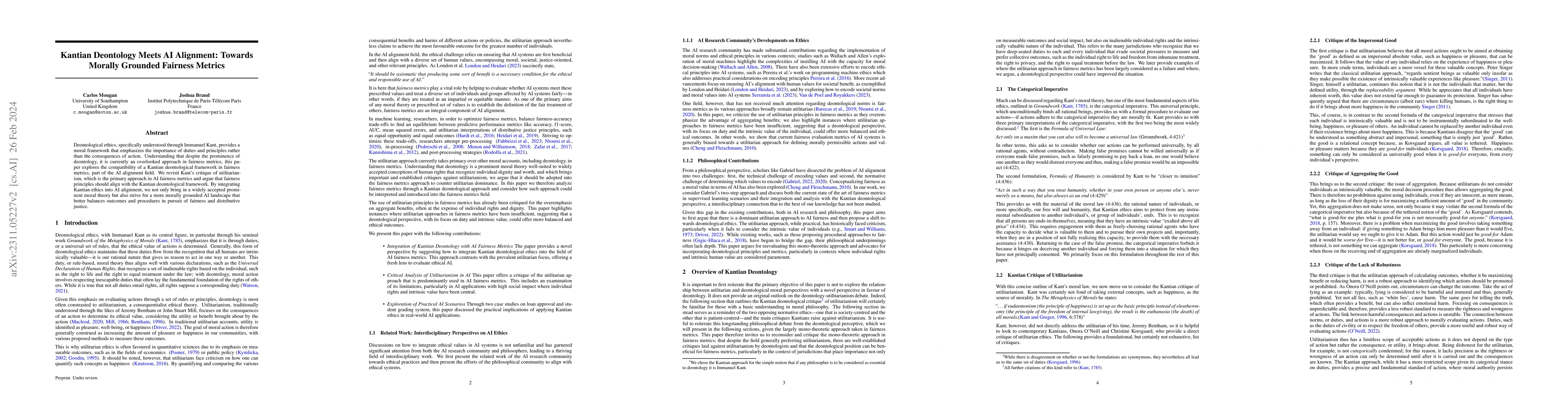 Thumbnail for Kantian Deontology Meets AI Alignment: Towards Morally Grounded Fairness
  Metrics