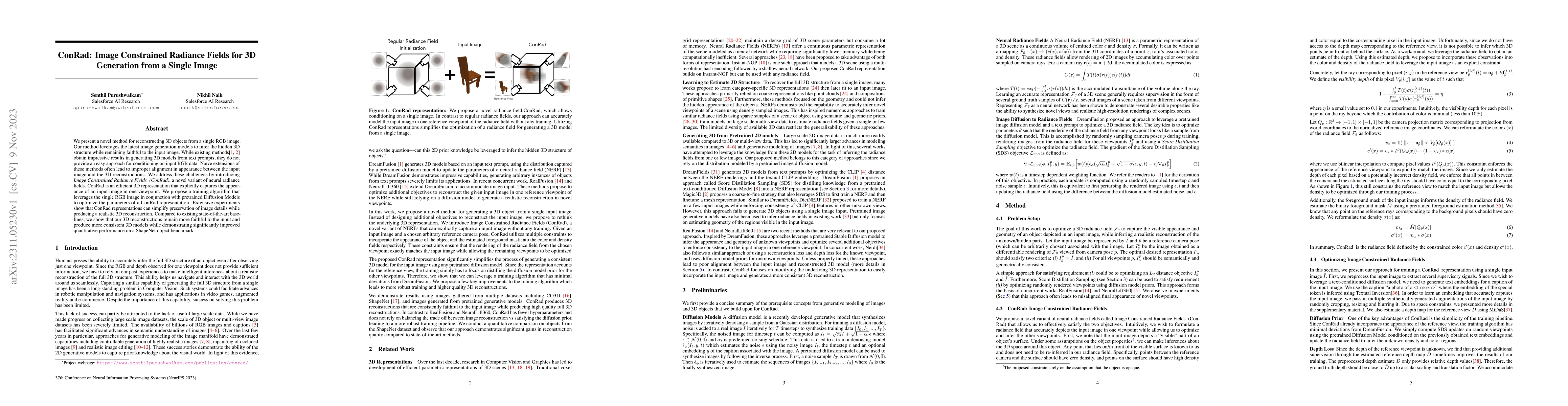 Thumbnail for ConRad: Image Constrained Radiance Fields for 3D Generation from a
  Single Image