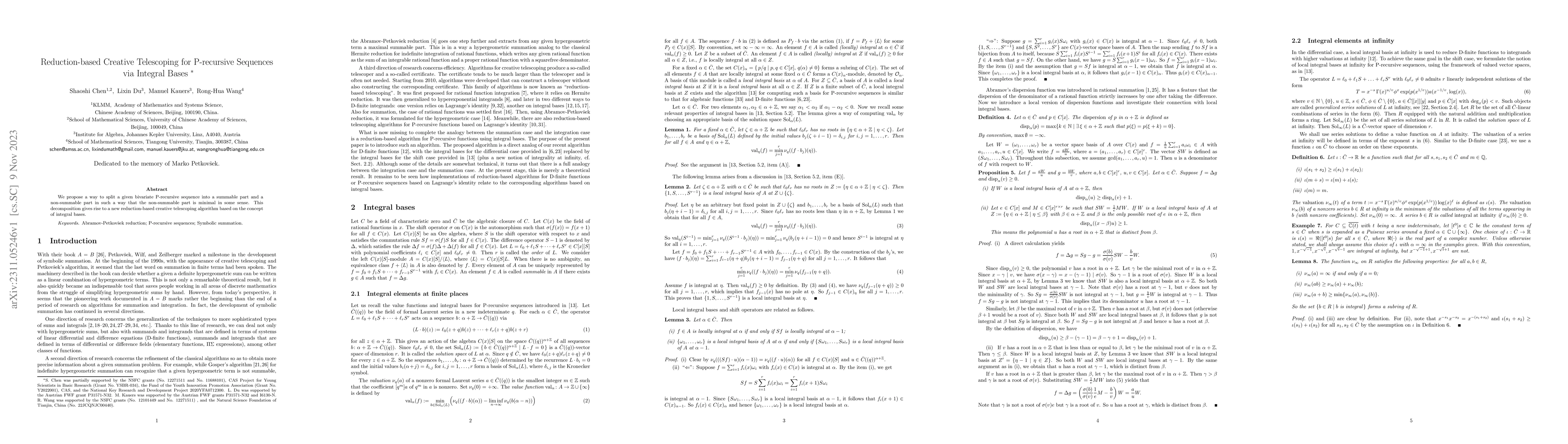 Thumbnail for Reduction-based Creative Telescoping for P-recursive Sequences via
  Integral Bases
