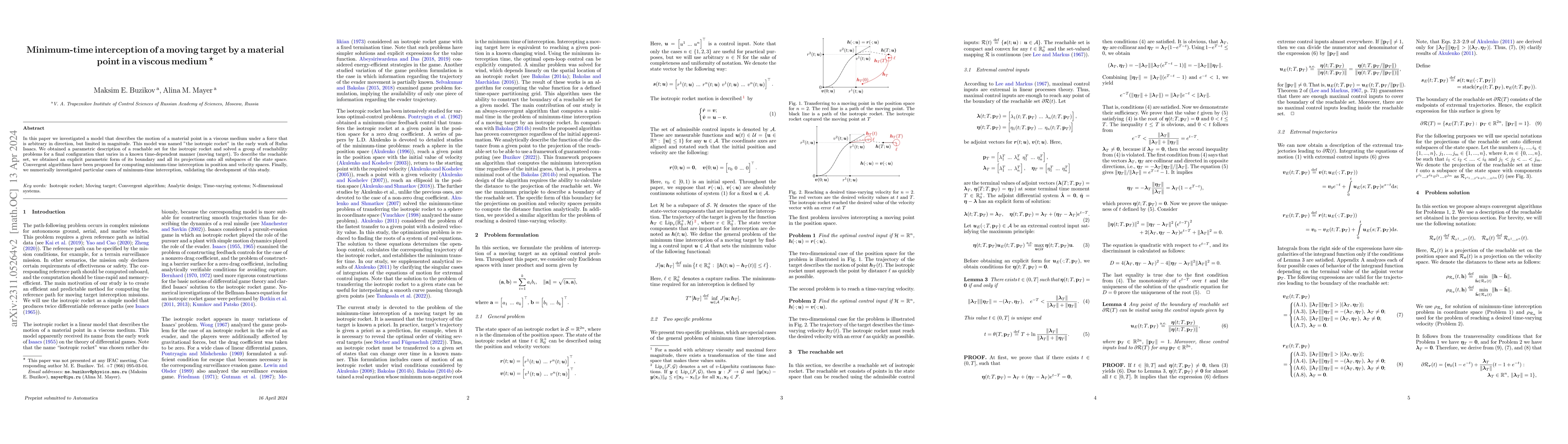 Thumbnail for Minimum-time interception of a moving target by a material point in a
  viscous medium