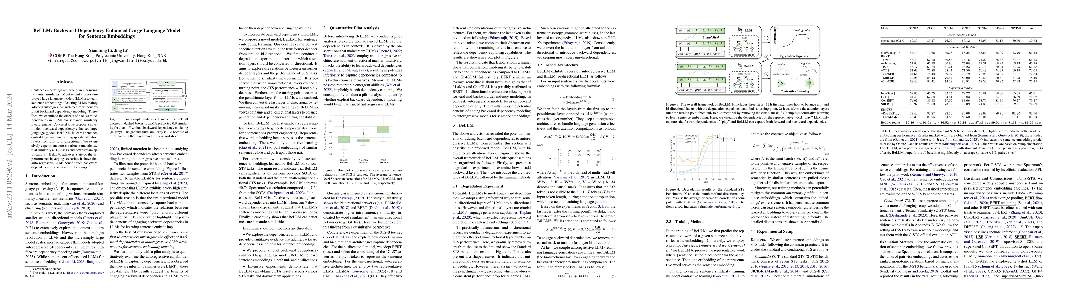 Thumbnail for BeLLM: Backward Dependency Enhanced Large Language Model for Sentence
  Embeddings