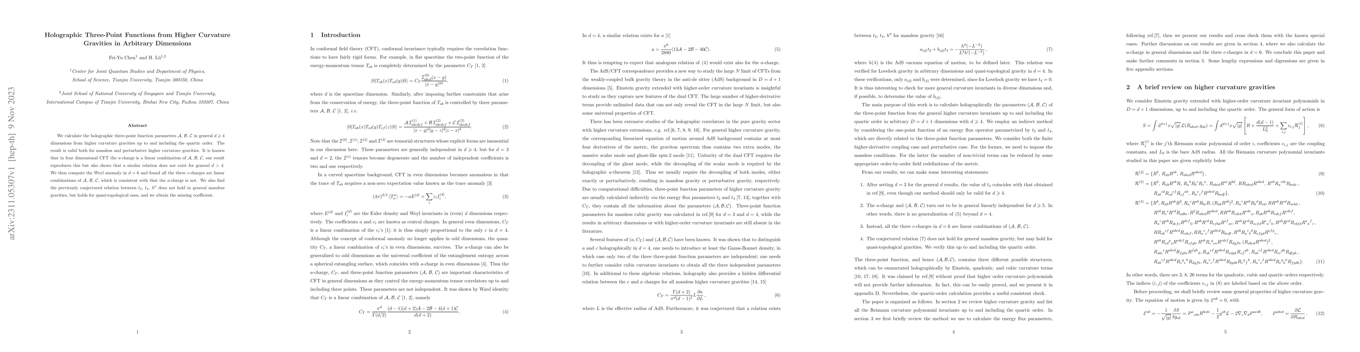 Thumbnail for Holographic Three-Point Functions from Higher Curvature Gravities in
  Arbitrary Dimensions