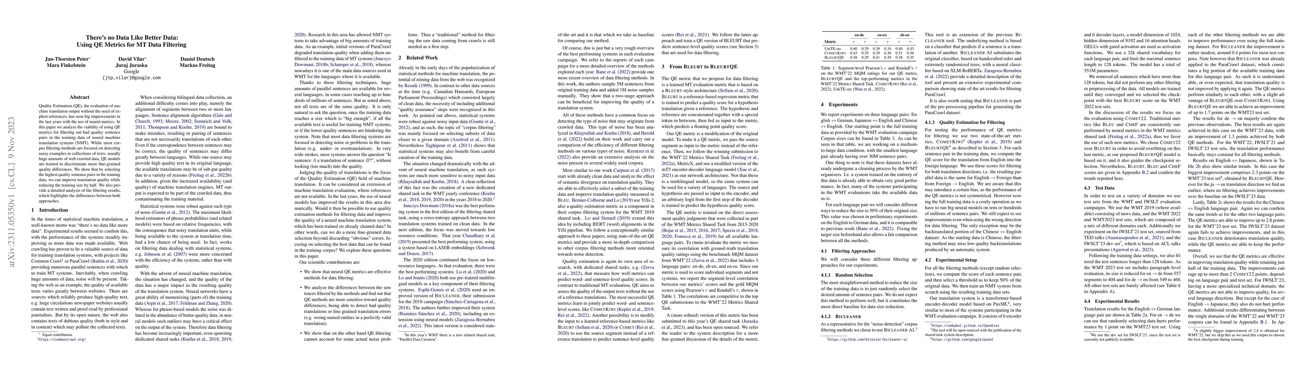 Thumbnail for There's no Data Like Better Data: Using QE Metrics for MT Data Filtering