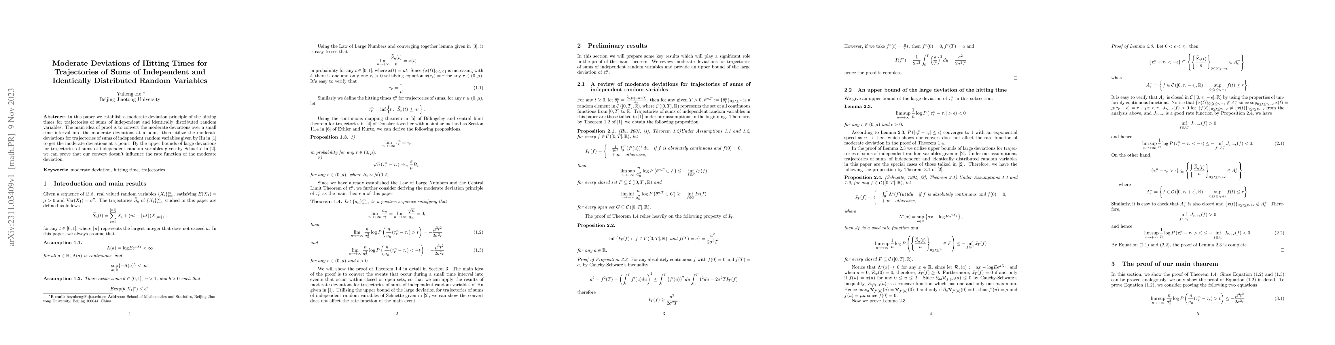 Thumbnail for Moderate Deviations of Hitting Times for Trajectories of Sums of
  Independent and Identically Distributed Random Variables