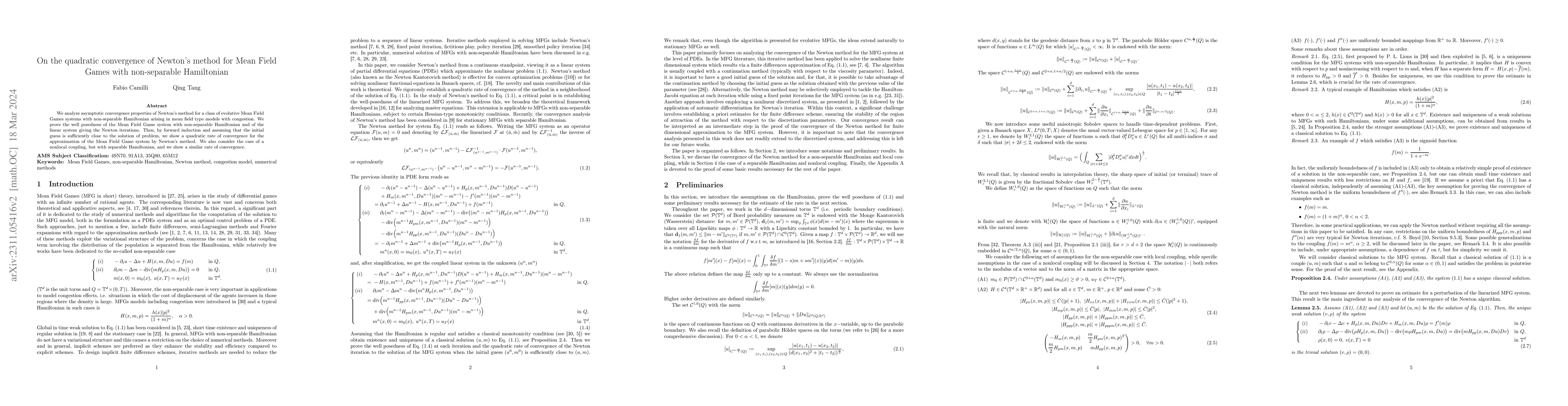 Thumbnail for On the quadratic convergence of Newton's method for Mean Field Games
  with non-separable Hamiltonian