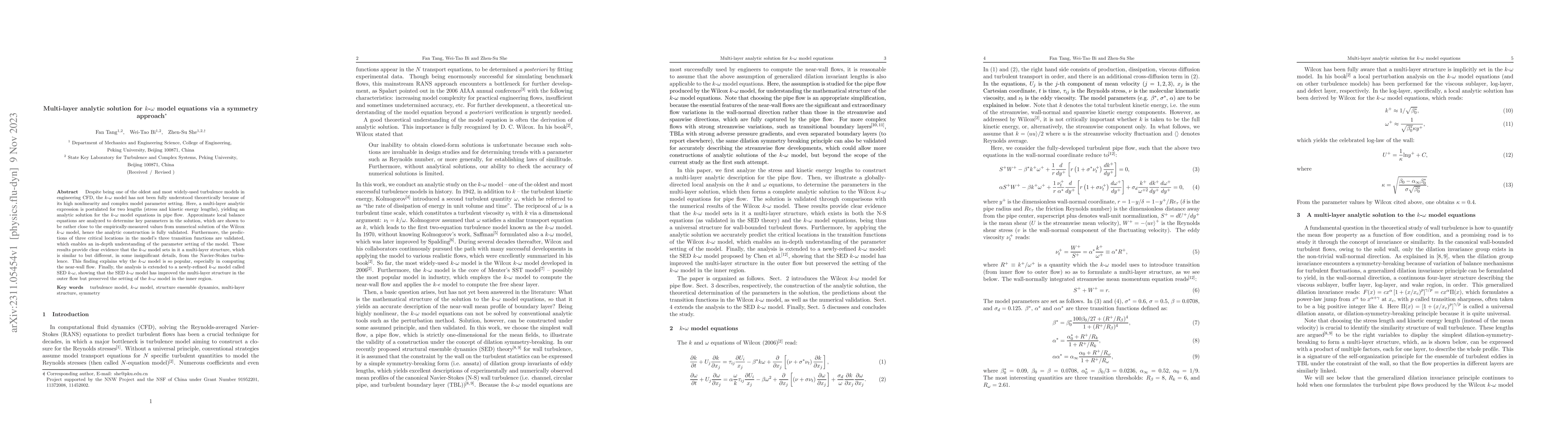 Thumbnail for Multi-layer analytic solution for k-{\omega} model equations via a
  symmetry approach