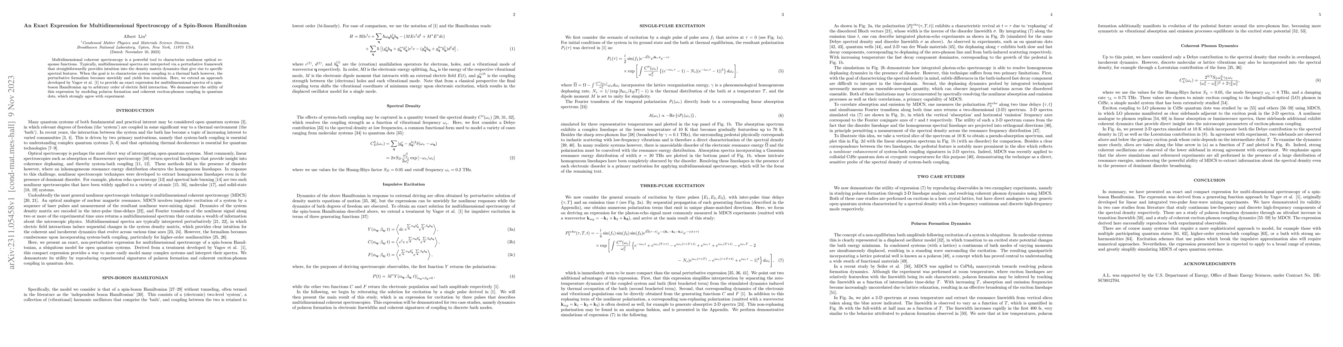 Thumbnail for An Exact Expression for Multidimensional Spectroscopy of a Spin-Boson
  Hamiltonian