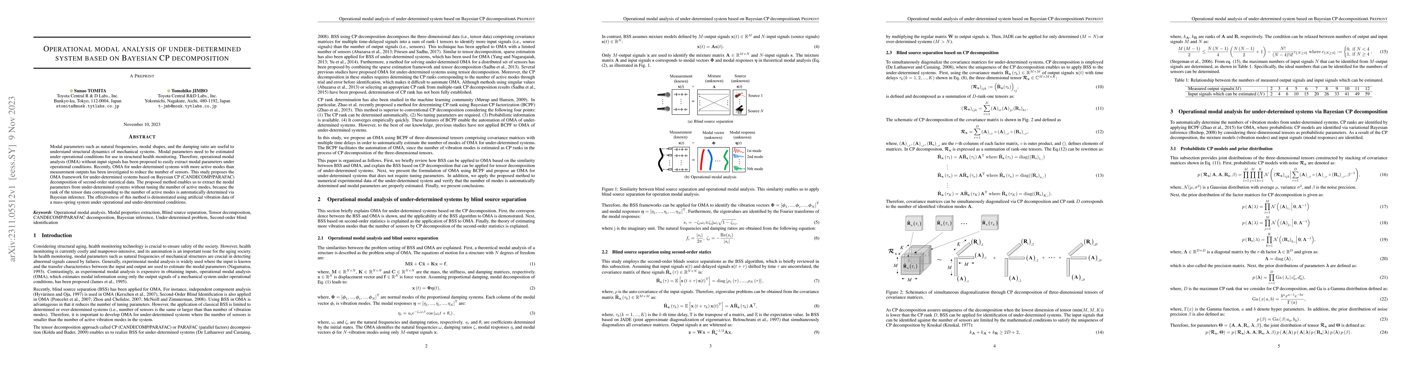 Thumbnail for Operational modal analysis of under-determined system based on Bayesian
  CP decomposition