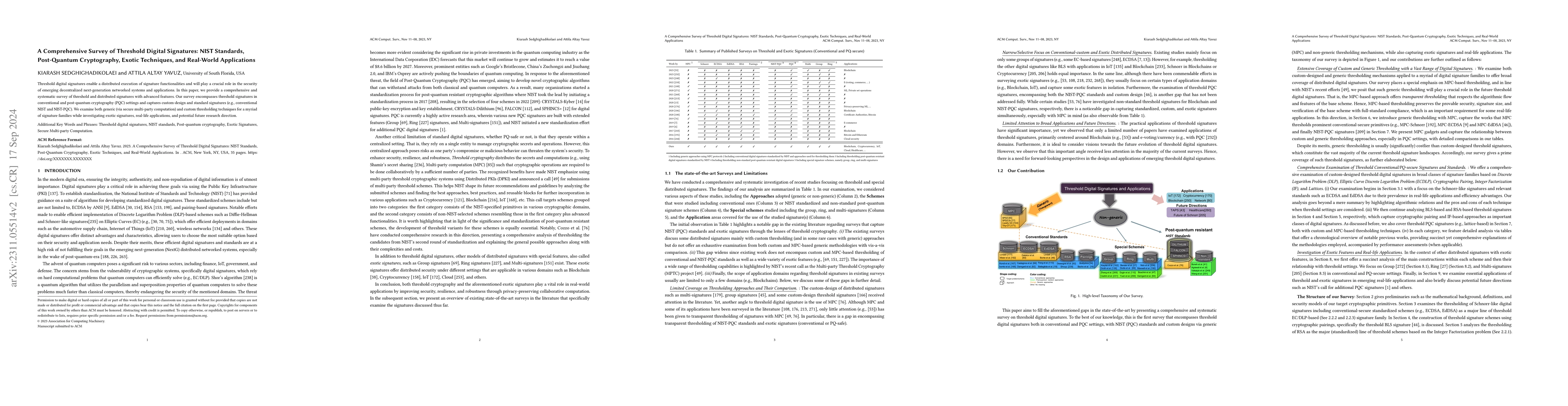 Thumbnail for A Comprehensive Survey of Threshold Digital Signatures: NIST Standards,
  Post-Quantum Cryptography, Exotic Techniques, and Real-World Applications