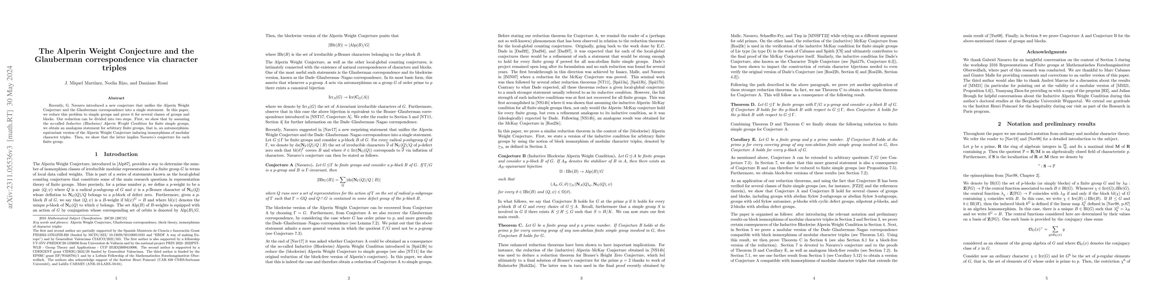 Thumbnail for The Alperin Weight Conjecture and the Glauberman correspondence via
  character triples