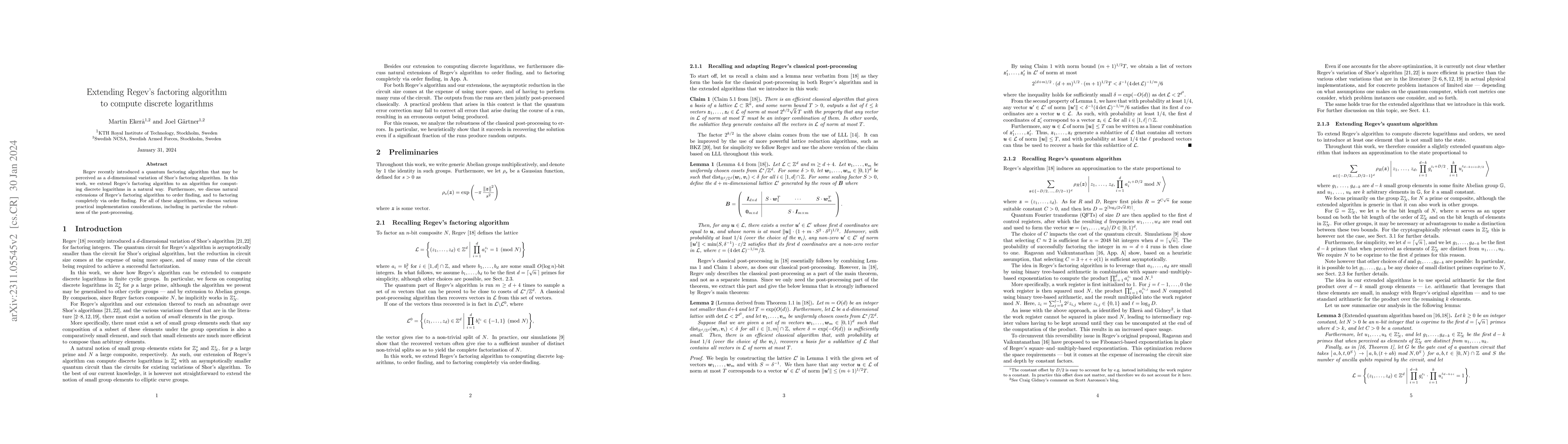 Thumbnail for Extending Regev's factoring algorithm to compute discrete logarithms