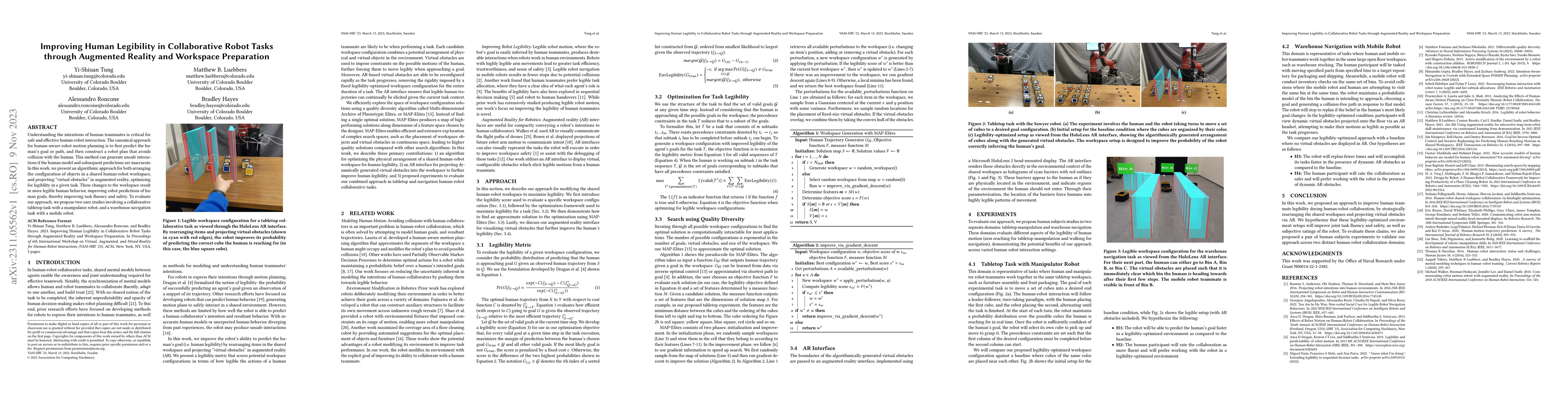 Thumbnail for Improving Human Legibility in Collaborative Robot Tasks through
  Augmented Reality and Workspace Preparation