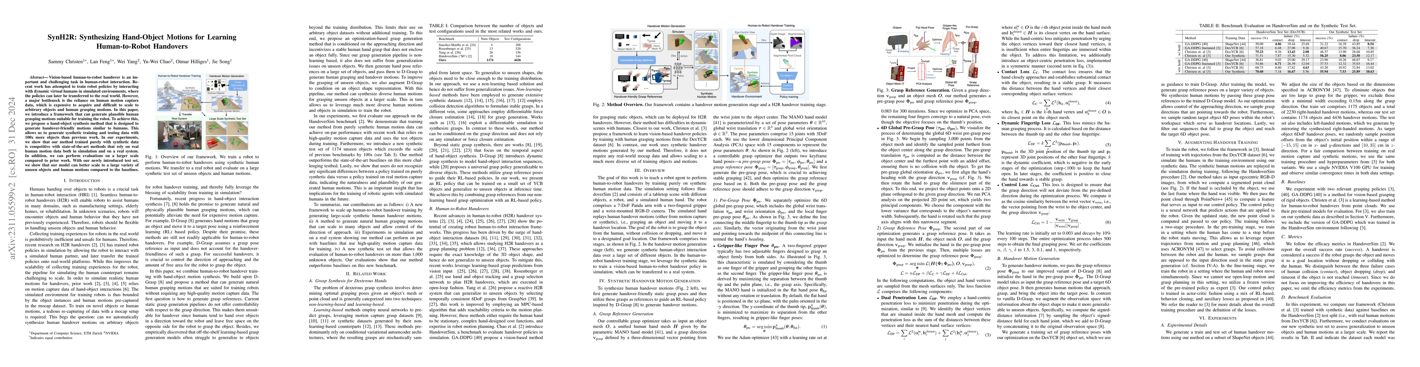 Thumbnail for SynH2R: Synthesizing Hand-Object Motions for Learning Human-to-Robot
  Handovers