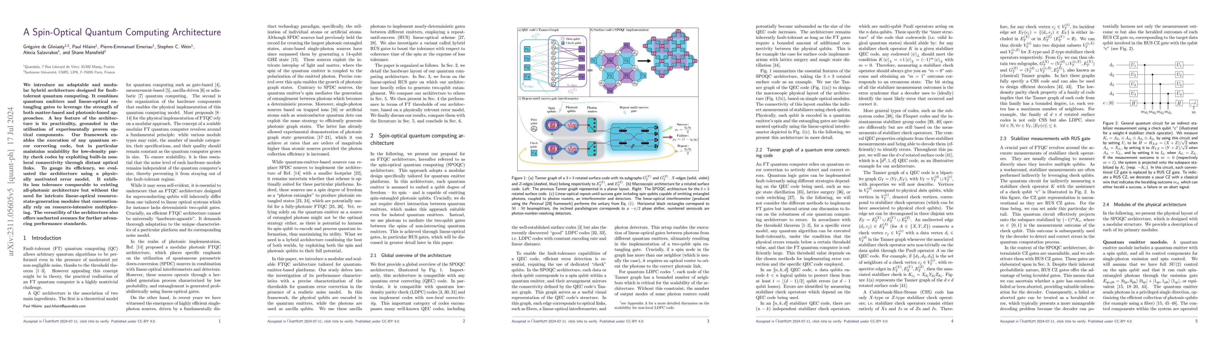 Thumbnail for A Spin-Optical Quantum Computing Architecture