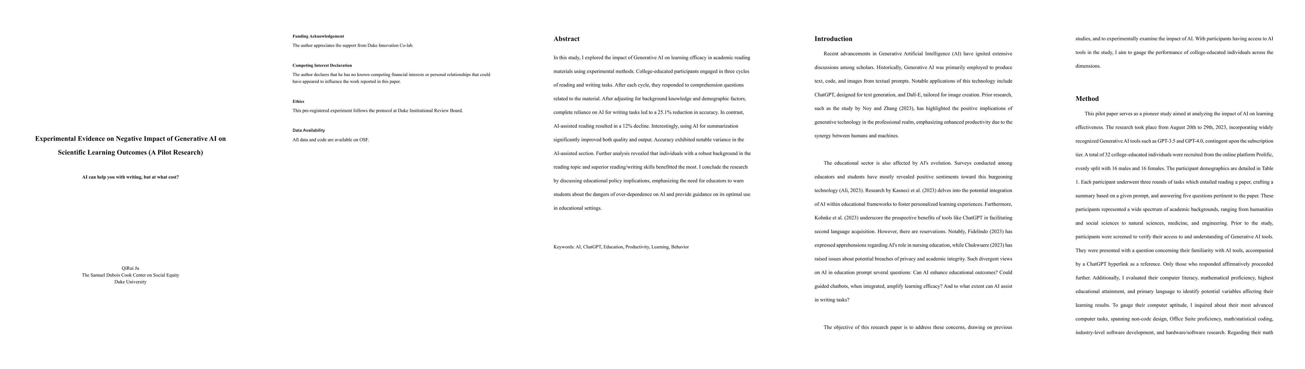 Thumbnail for Experimental Evidence on Negative Impact of Generative AI on Scientific
  Learning Outcomes