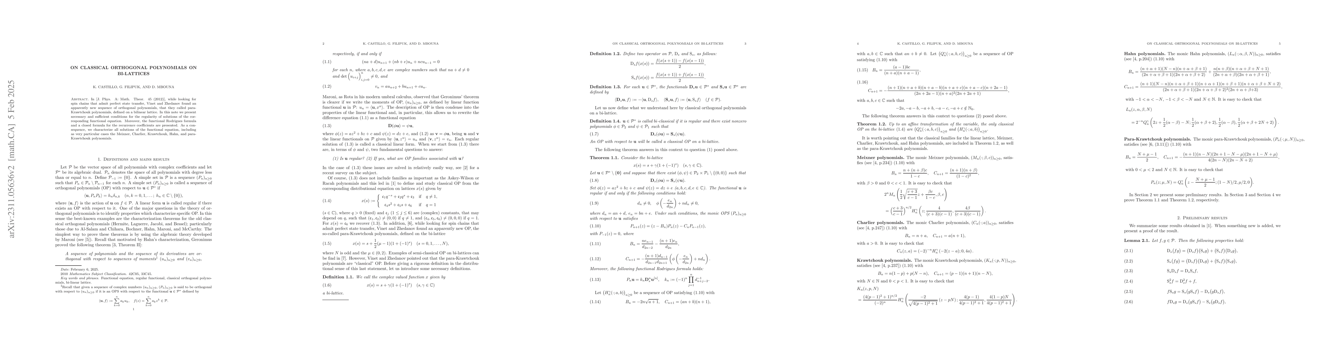 Thumbnail for On classical orthogonal polynomials on bi-lattices