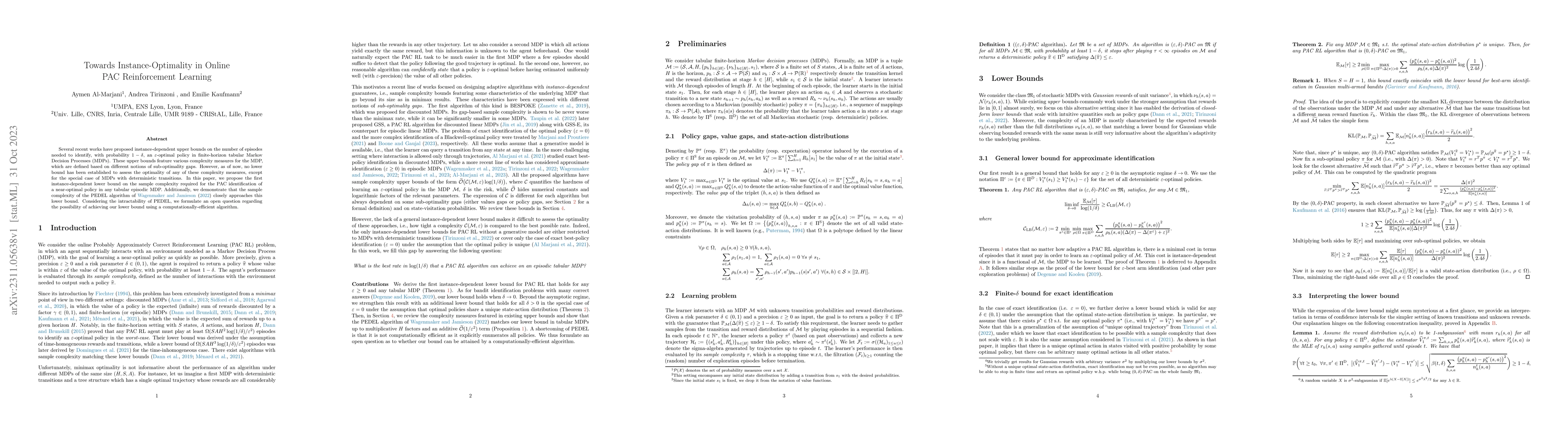 Thumbnail for Towards Instance-Optimality in Online PAC Reinforcement Learning