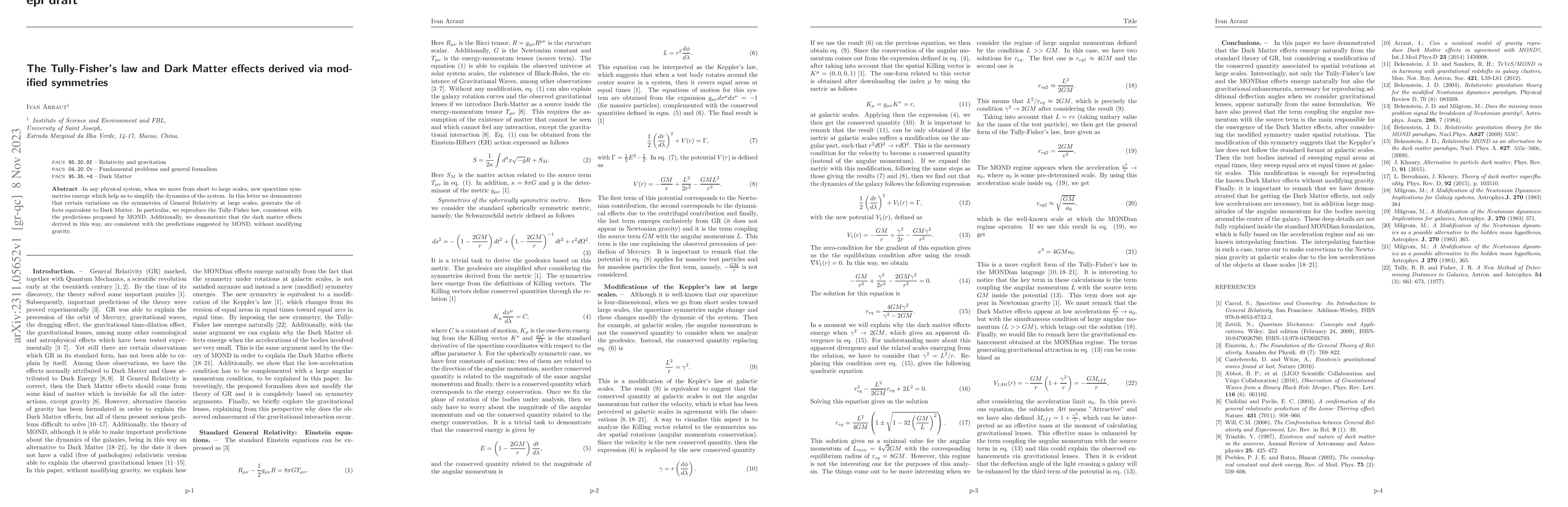 Thumbnail for The Tully-Fisher's law and Dark Matter effects derived via modified
  symmetries