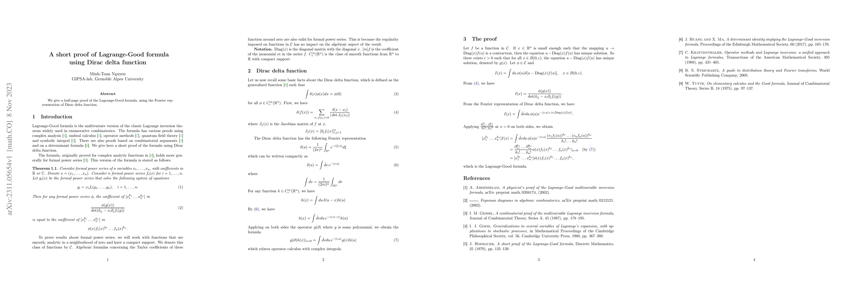 Thumbnail for A short proof of Lagrange-Good formula using Dirac delta function