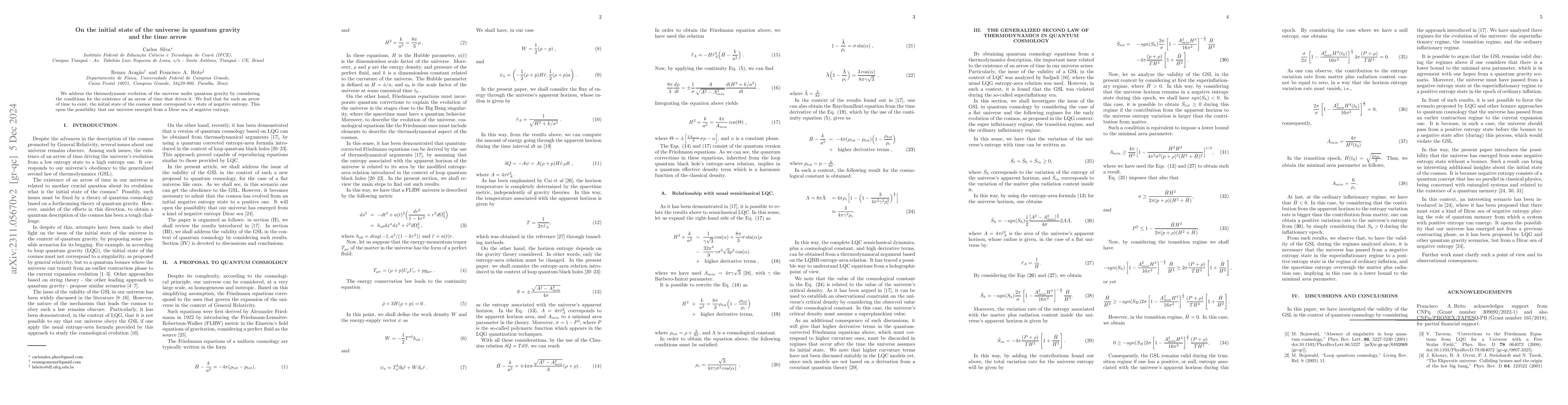 Thumbnail for On the initial state of the universe in Loop Quantum Cosmology and the
  time arrow
