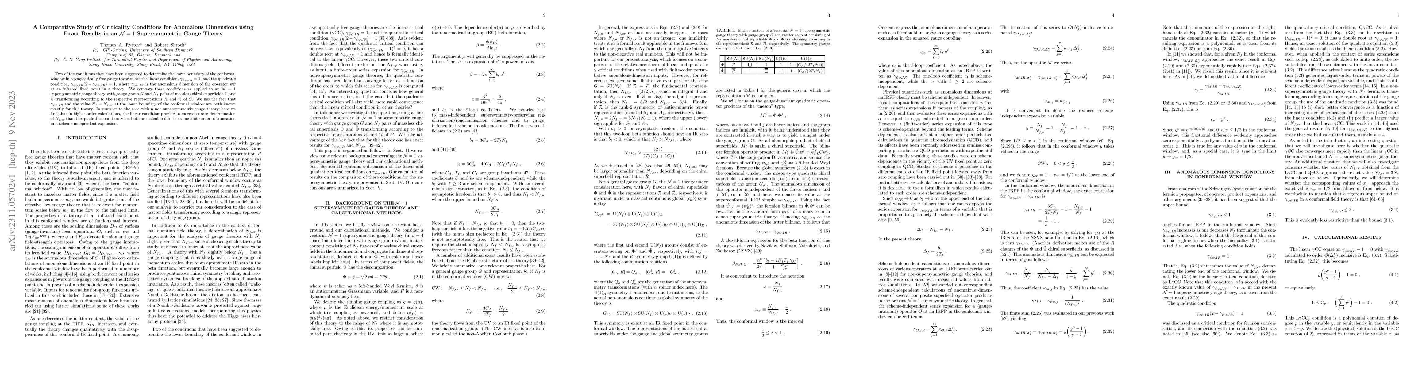 Thumbnail for A Comparative Study of Criticality Conditions for Anomalous Dimensions
  using Exact Results in an ${\cal N}=1$ Supersymmetric Gauge Theory