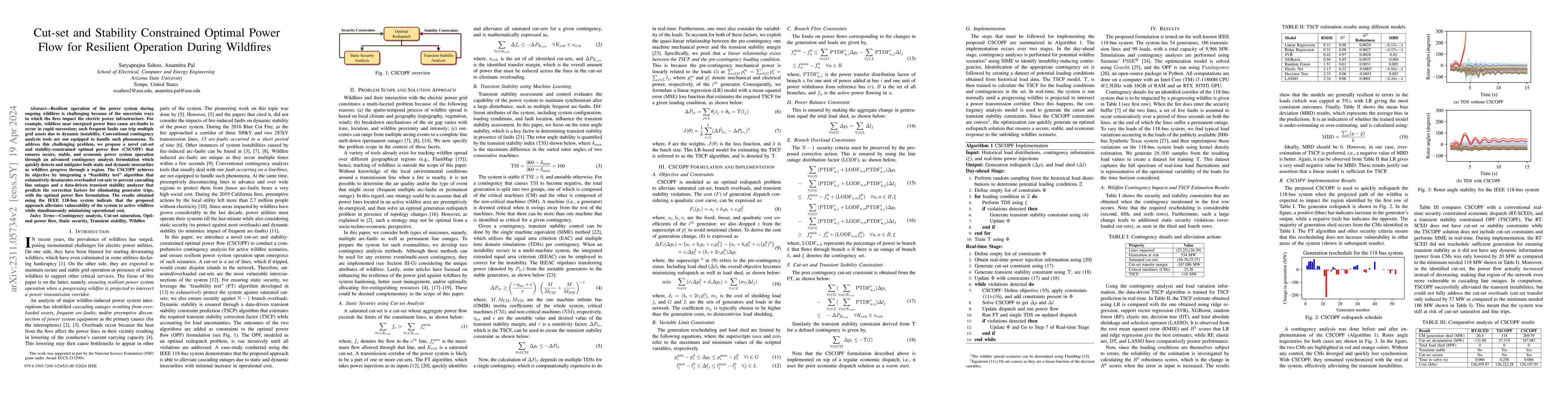 Thumbnail for Cut-set and Stability Constrained Optimal Power Flow for Resilient
  Operation During Wildfires
