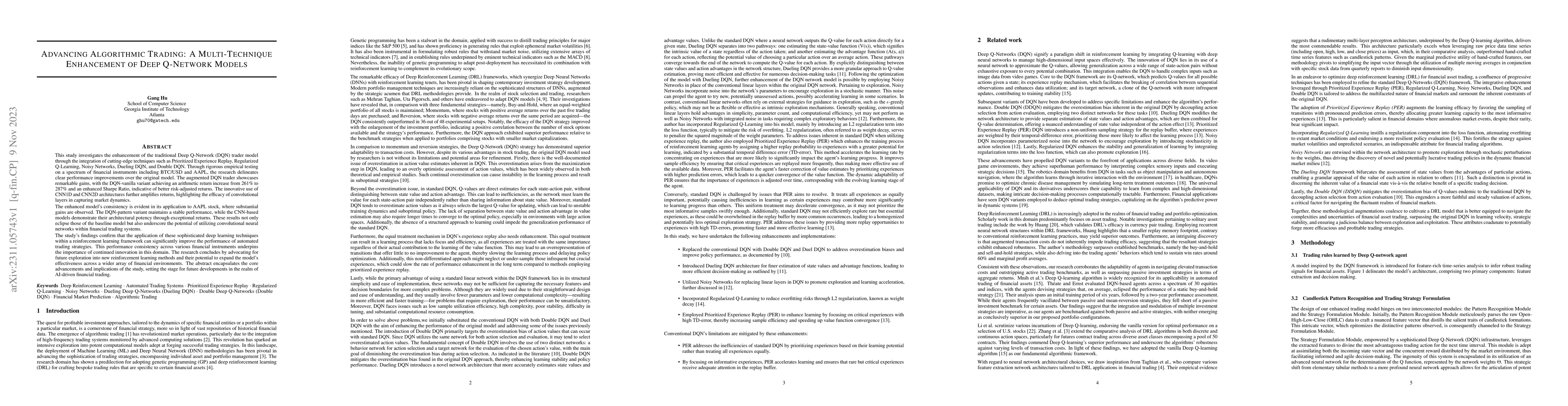 Thumbnail for Advancing Algorithmic Trading: A Multi-Technique Enhancement of Deep
  Q-Network Models