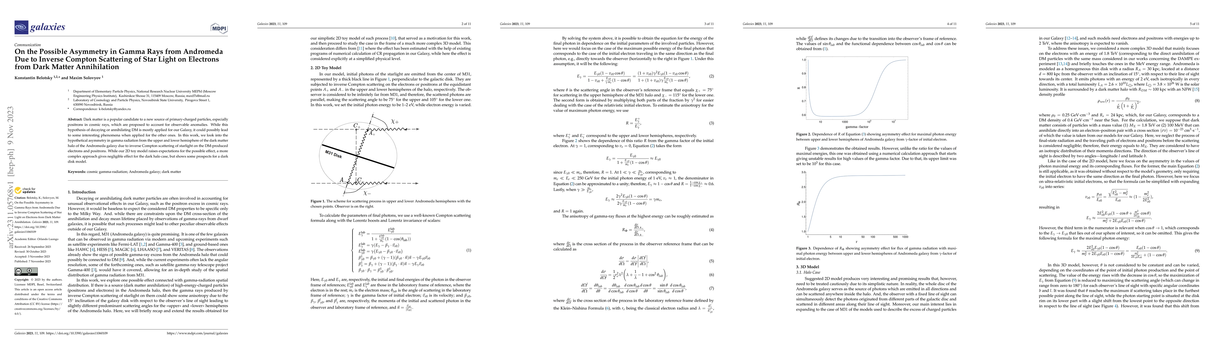 Thumbnail for On the Possible Asymmetry in Gamma Rays from Andromeda Due to Inverse
  Compton Scattering of Star Light on Electrons from Dark Matter Annihilation